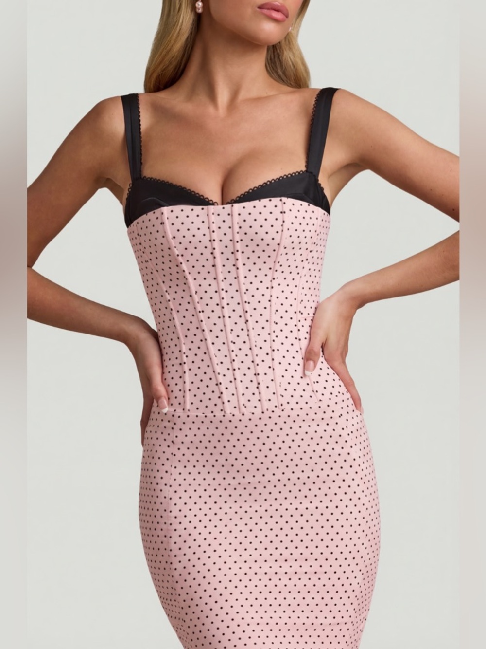 NWT $135 Oh Polly Pink Polka Dot Bustier Slip Dress Sz US 4 midi bodycon dress